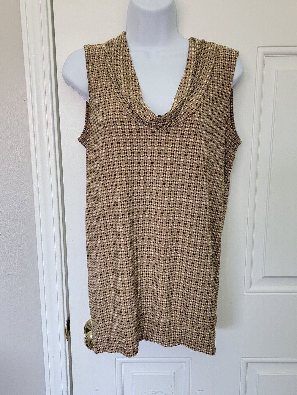 The Limited Sleeveless Drapy Cowl Neck Brown Black Retro Geometric Print Medium